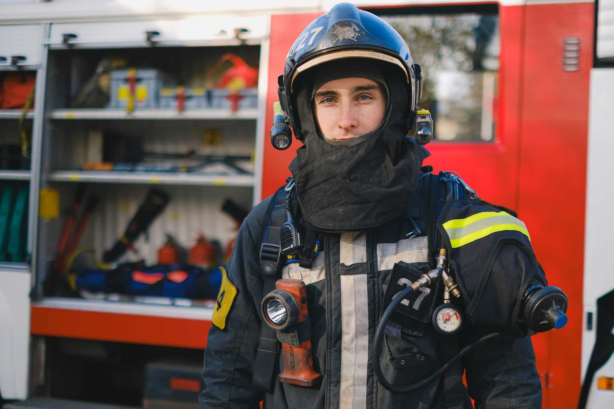 Close up of a male firefighter.