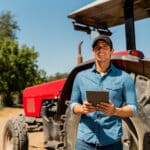 Farmer standing in from of a tractor holding a tablet