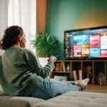 Happy woman watching TV at home.